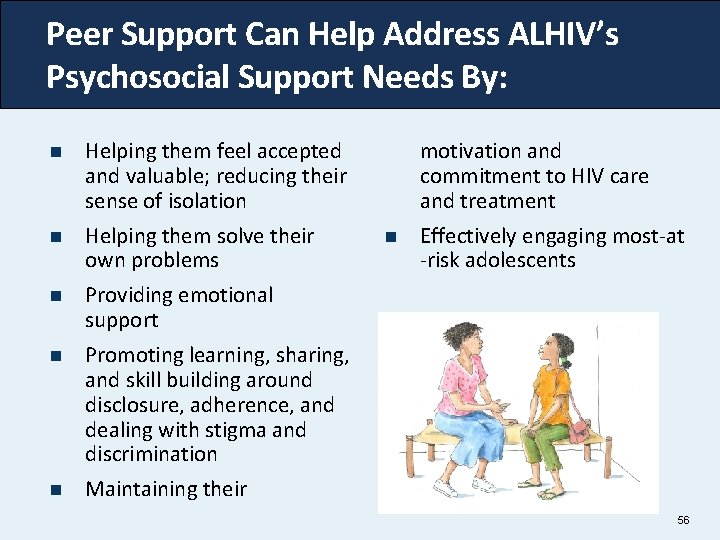Peer Support Can Help Address ALHIV’s Psychosocial Support Needs By: n Helping them feel