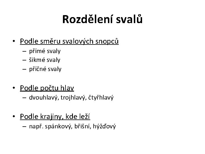 Rozdělení svalů • Podle směru svalových snopců – přímé svaly – šikmé svaly –
