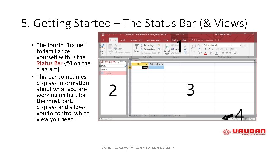 5. Getting Started – The Status Bar (& Views) • The fourth “frame” to