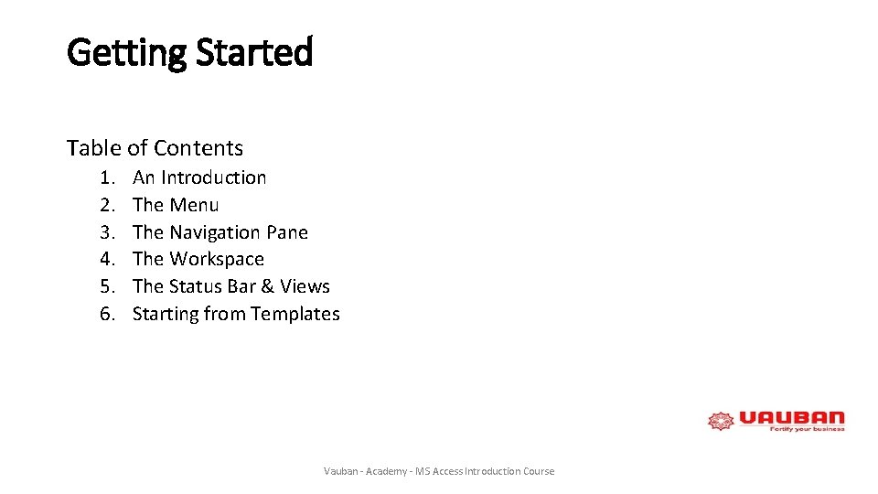 Getting Started Table of Contents 1. 2. 3. 4. 5. 6. An Introduction The