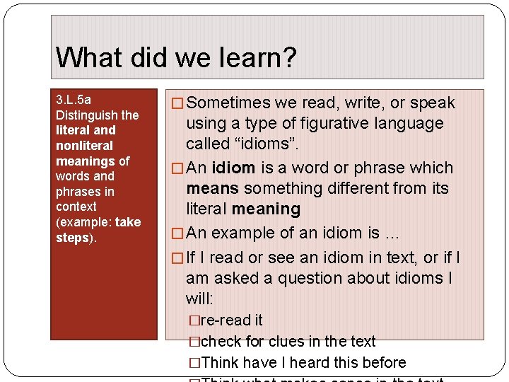 What did we learn? 3. L. 5 a Distinguish the literal and nonliteral meanings