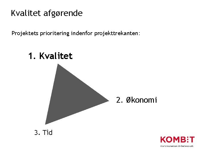 Kvalitet afgørende Projektets prioritering indenfor projekttrekanten: 1. Kvalitet 2. Økonomi 3. Tid 