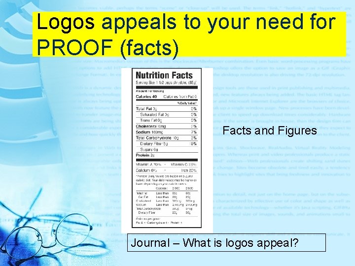Logos appeals to your need for PROOF (facts) Facts and Figures Journal – What Logos appeals to your need for PROOF (facts) Facts and Figures Journal – What