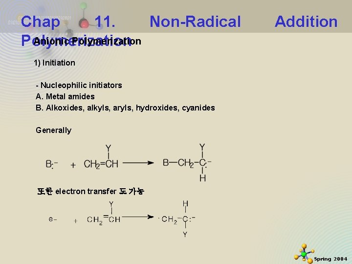 Chap 11. Non-Radical Anionic Polymerization Addition 1) Initiation - Nucleophilic initiators A. Metal amides