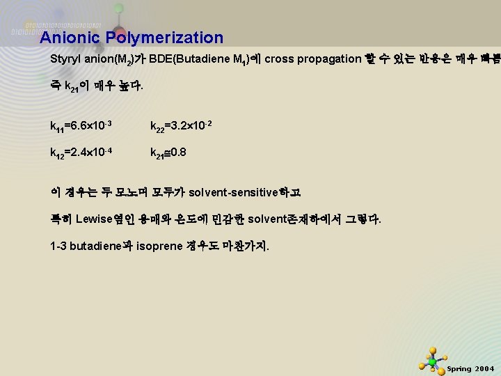 Anionic Polymerization Styryl anion(M 2)가 BDE(Butadiene M 1)에 cross propagation 할 수 있는 반응은