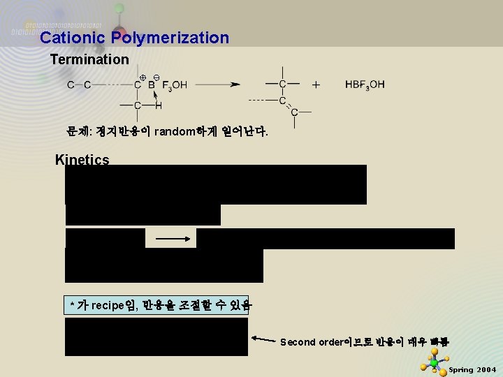 Cationic Polymerization Termination 문제: 정지반응이 random하게 일어난다. Kinetics * 가 recipe임, 반응을 조절할 수