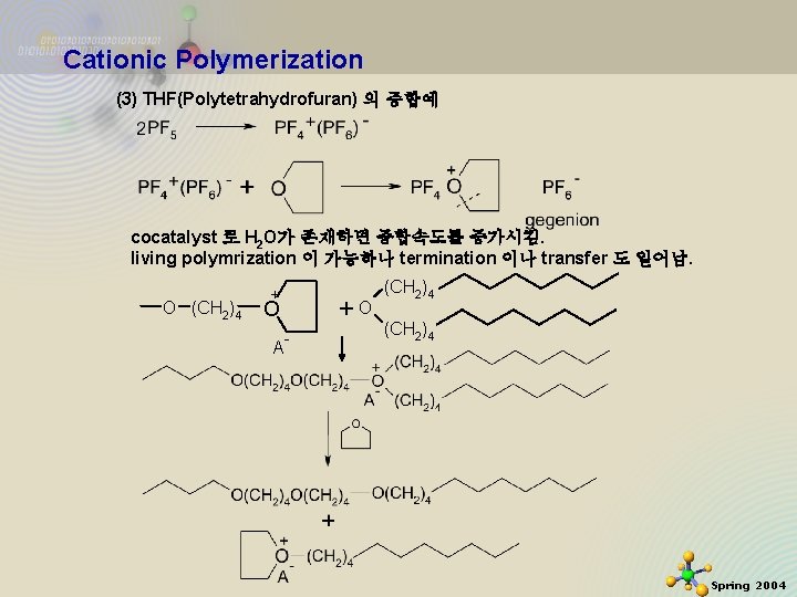 Cationic Polymerization (3) THF(Polytetrahydrofuran) 의 중합예 cocatalyst 로 H 2 O가 존재하면 중합속도를 증가시킴.