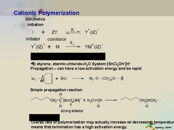 Cationic Polymerization (4)Kinetics Initiation 예) styrene, stannic-chloride-H 2 O System [Sn. Cl 4 OH-]H+