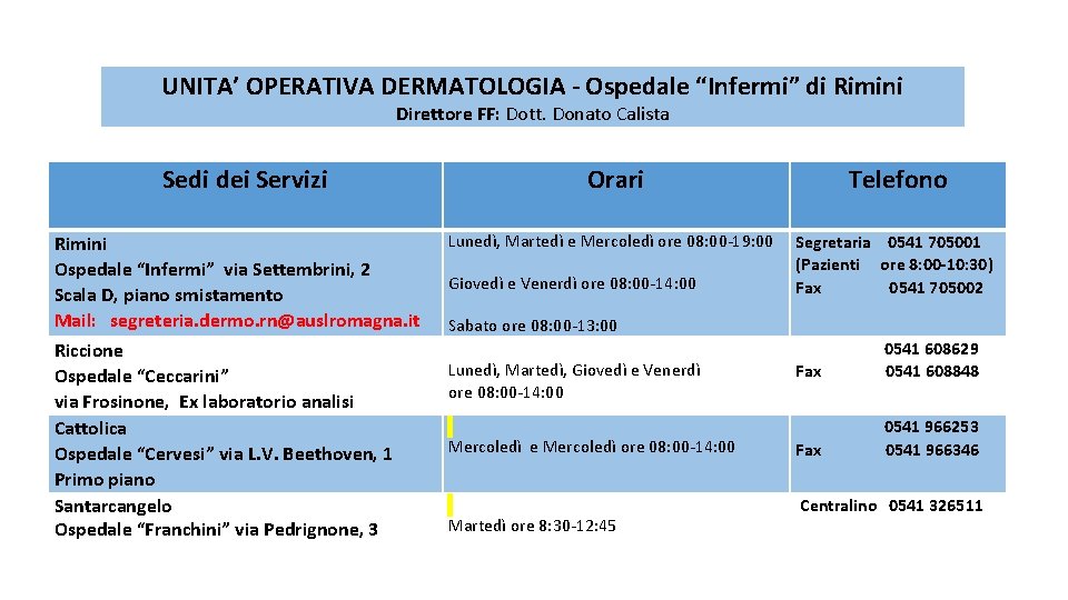 UNITA’ OPERATIVA DERMATOLOGIA - Ospedale “Infermi” di Rimini Direttore FF: Dott. Donato Calista Sedi