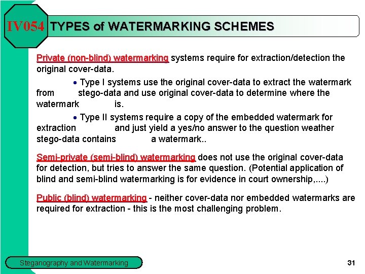 IV 054 TYPES of WATERMARKING SCHEMES Private (non-blind) watermarking systems require for extraction/detection the