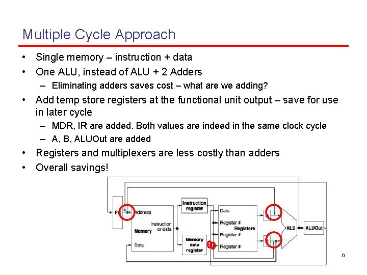 Multiple Cycle Approach • Single memory – instruction + data • One ALU, instead