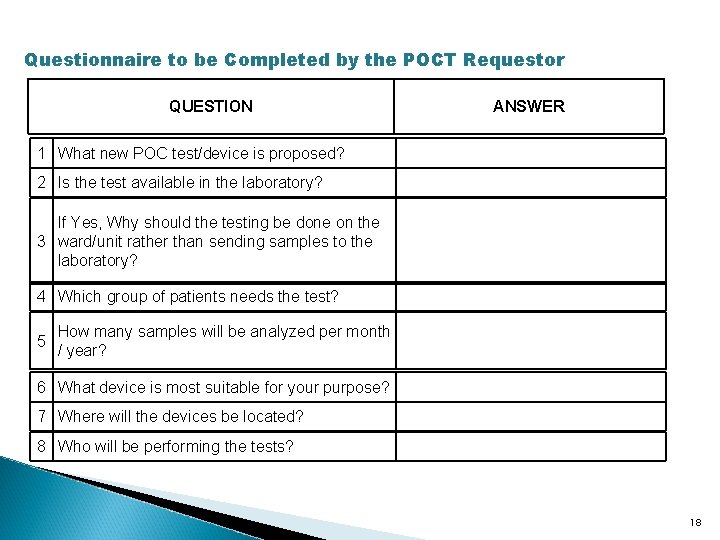 Questionnaire to be Completed by the POCT Requestor QUESTION ANSWER 1 What new POC