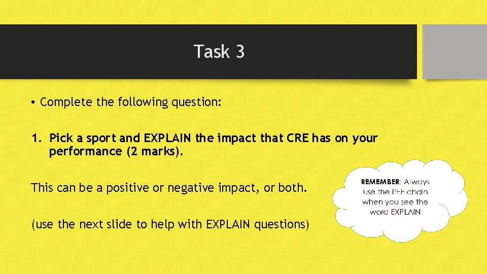 Task 3 • Complete the following question: 1. Pick a sport and EXPLAIN the