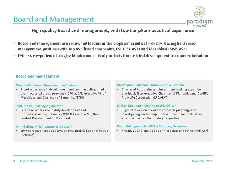 Board and Management High quality Board and management, with top-tier pharmaceutical experience § Board