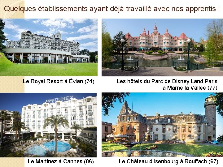 Quelques établissements ayant déjà travaillé avec nos apprentis : Le Royal Resort à Évian