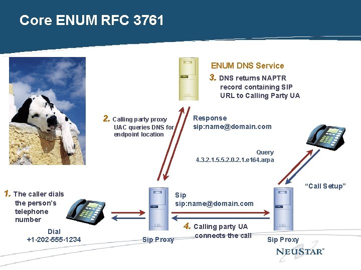 Core ENUM RFC 3761 ENUM DNS Service 3. DNS returns NAPTR record containing SIP