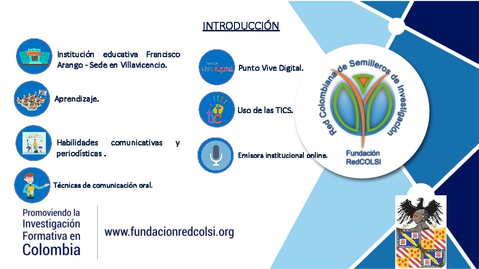 INTRODUCCIÓN Institución educativa Francisco Arango - Sede en Villavicencio. Punto Vive Digital. Aprendizaje. Uso