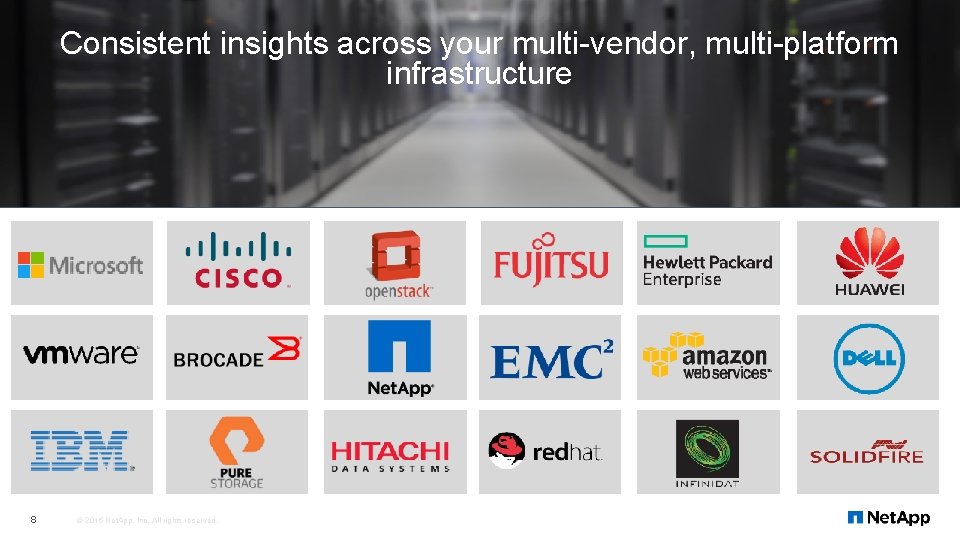 Consistent insights across your multi-vendor, multi-platform infrastructure 8 © 2016 Net. App, Inc. All