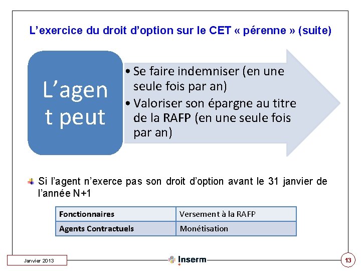 L’exercice du droit d’option sur le CET « pérenne » (suite) L’agen t peut