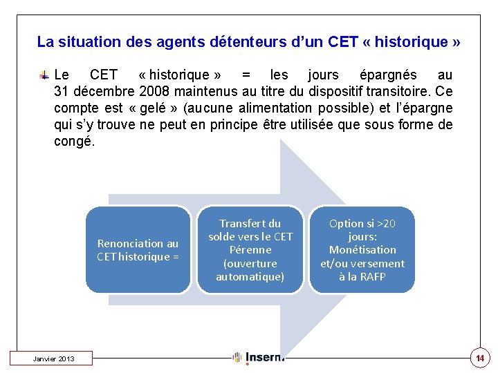 La situation des agents détenteurs d’un CET « historique » Le CET « historique