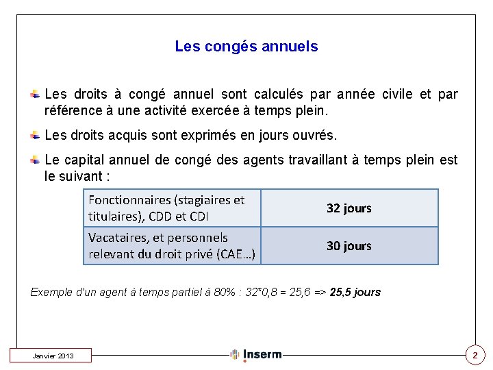 Les congés annuels Les droits à congé annuel sont calculés par année civile et