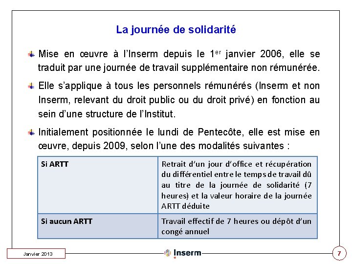 La journée de solidarité Mise en œuvre à l’Inserm depuis le 1 er janvier