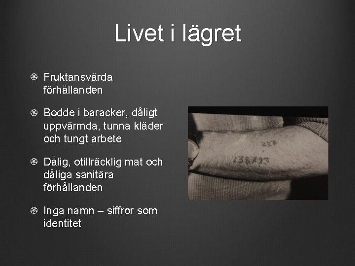 Livet i lägret Fruktansvärda förhållanden Bodde i baracker, dåligt uppvärmda, tunna kläder och tungt