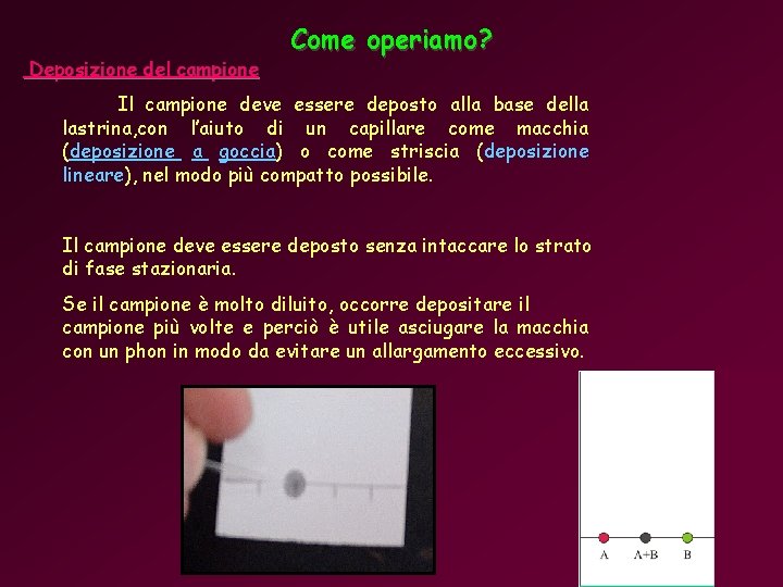 Deposizione del campione Come operiamo? Il campione deve essere deposto alla base della lastrina,