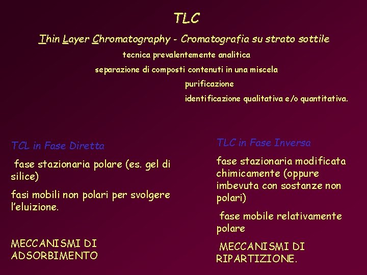 TLC Thin Layer Chromatography - Cromatografia su strato sottile tecnica prevalentemente analitica separazione di TLC Thin Layer Chromatography - Cromatografia su strato sottile tecnica prevalentemente analitica separazione di