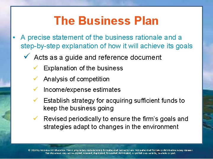 The Business Plan • A precise statement of the business rationale and a step-by-step