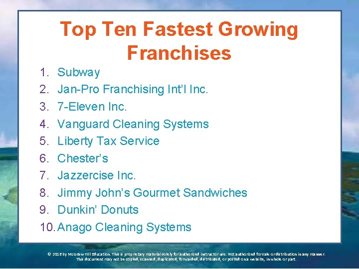 Top Ten Fastest Growing Franchises 1. Subway 2. Jan-Pro Franchising Int’l Inc. 3. 7