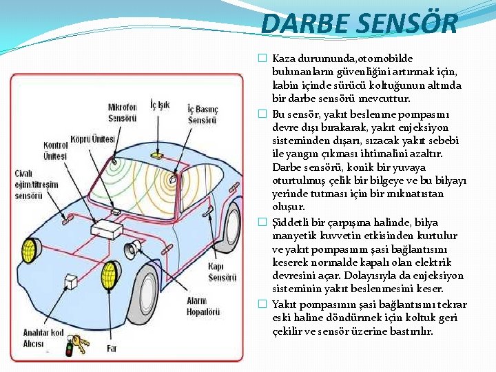 DARBE SENSÖR � Kaza durumunda, otomobilde bulunanların güvenliğini artırmak için, kabin içinde sürücü koltuğunun
