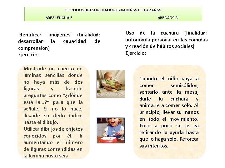 EJERCICIOS DE ESTIMULACIÓN PARA NIÑOS DE 1 A 2 AÑOS ÁREA LENGUAJE ÁREA SOCIAL