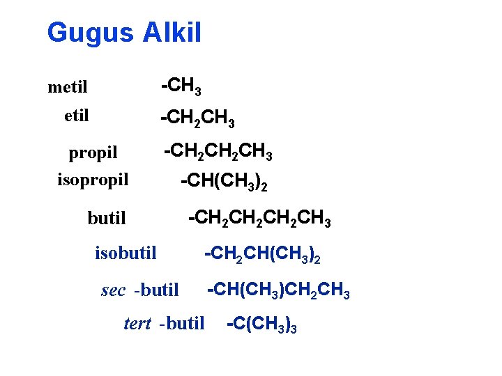 Gugus Alkil -CH 3 metil -CH 2 CH 3 propil isopropil -CH 2 CH