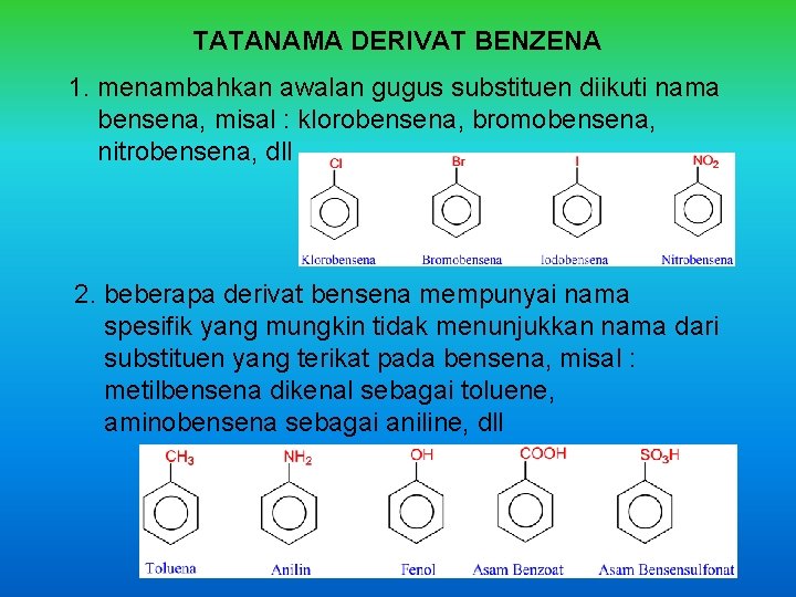 TATANAMA DERIVAT BENZENA 1. menambahkan awalan gugus substituen diikuti nama bensena, misal : klorobensena,