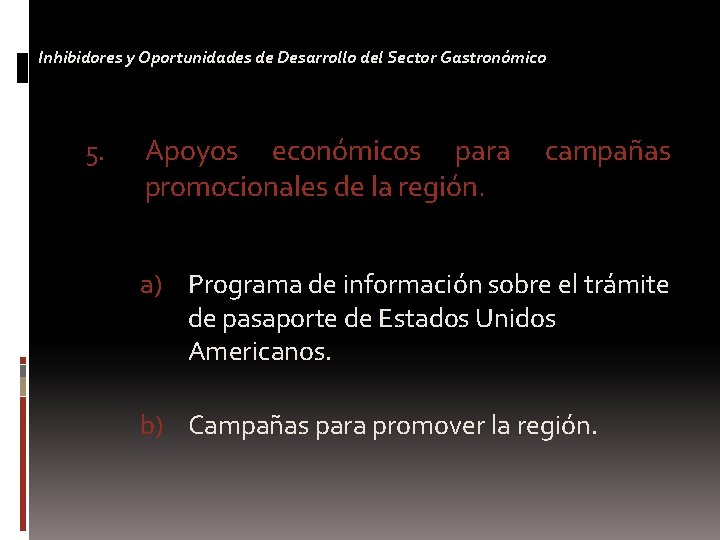 Inhibidores y Oportunidades de Desarrollo del Sector Gastronómico 5. Apoyos económicos para promocionales de