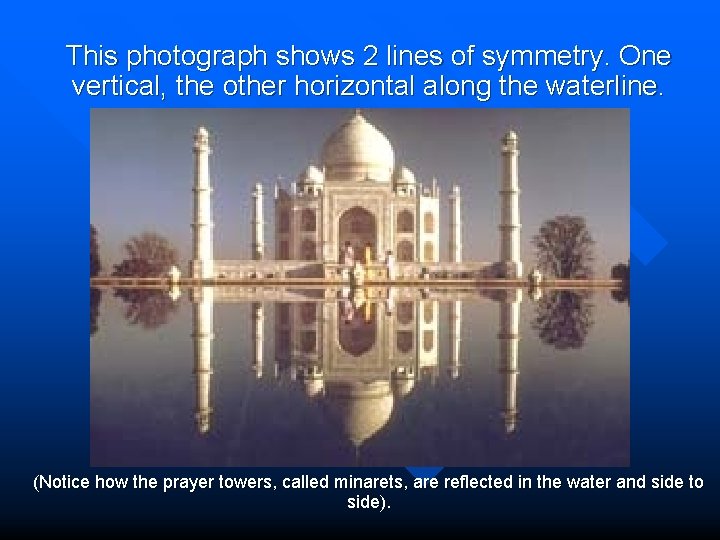 This photograph shows 2 lines of symmetry. One vertical, the other horizontal along the