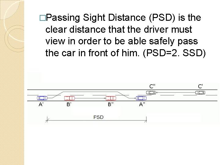 �Passing Sight Distance (PSD) is the clear distance that the driver must view in