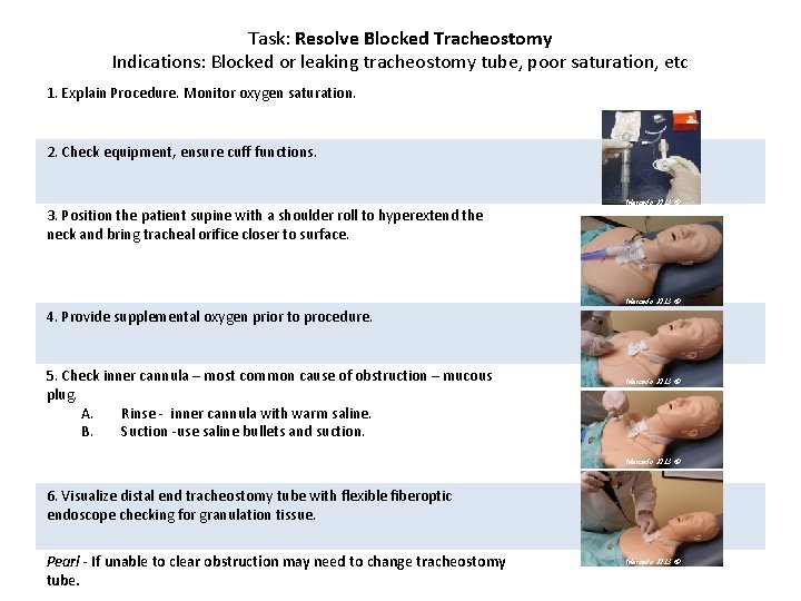 Task: Resolve Blocked Tracheostomy Indications: Blocked or leaking tracheostomy tube, poor saturation, etc 1.