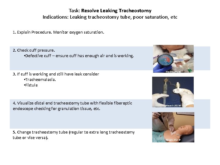 Task: Resolve Leaking Tracheostomy Indications: Leaking tracheostomy tube, poor saturation, etc 1. Explain Procedure.