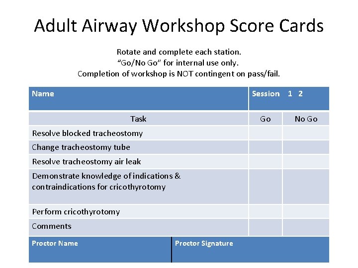 Adult Airway Workshop Score Cards Rotate and complete each station. “Go/No Go” for internal