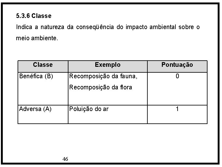 5. 3. 6 Classe Indica a natureza da conseqüência do impacto ambiental sobre o