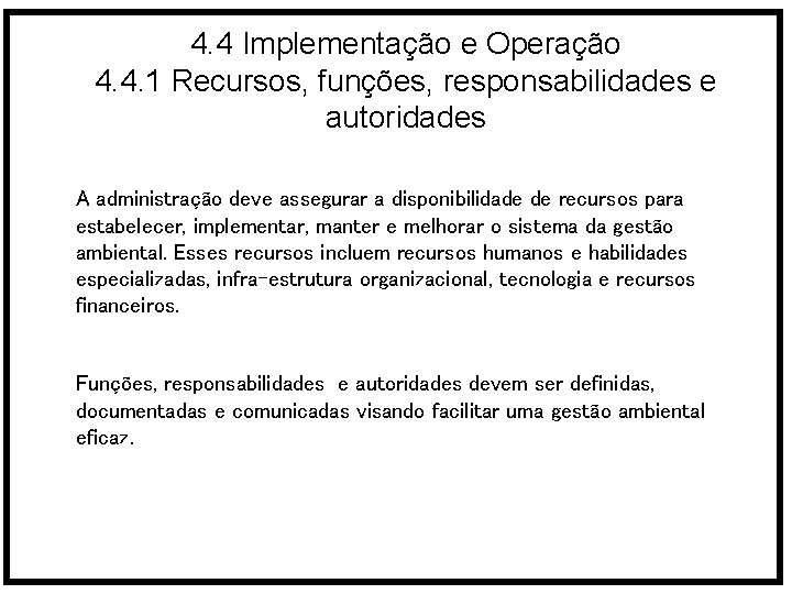 4. 4 Implementação e Operação 4. 4. 1 Recursos, funções, responsabilidades e autoridades A