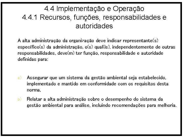 4. 4 Implementação e Operação 4. 4. 1 Recursos, funções, responsabilidades e autoridades A
