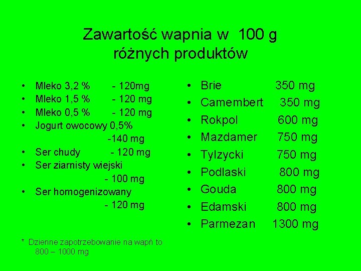 Zawartość wapnia w 100 g różnych produktów • • Mleko 3, 2 % -