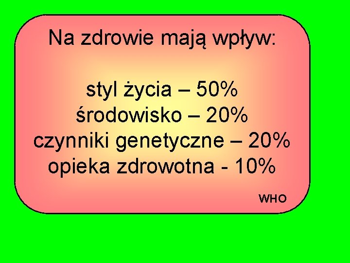 Na zdrowie mają wpływ: styl życia – 50% środowisko – 20% czynniki genetyczne –