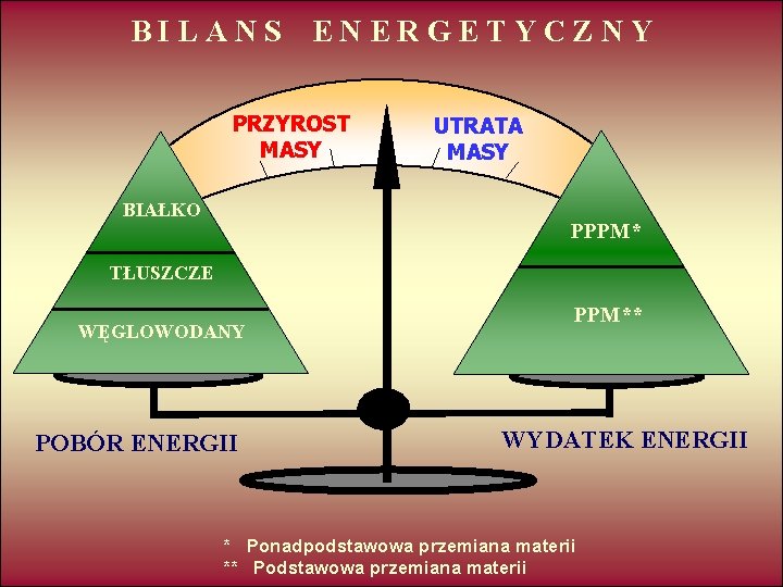 BILANS ENERGETYCZNY PRZYROST MASY BIAŁKO UTRATA MASY PPPM* TŁUSZCZE WĘGLOWODANY POBÓR ENERGII PPM** WYDATEK