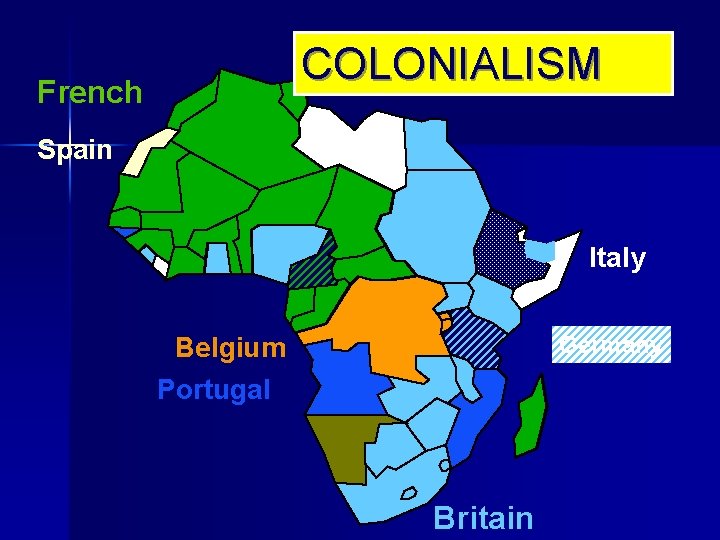 COLONIALISM French Spain Italy Germany Belgium Portugal Britain 