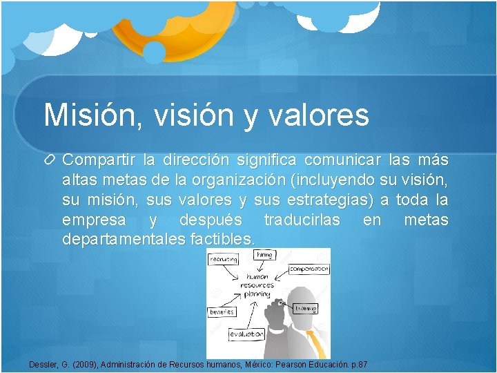 Misión, visión y valores Compartir la dirección significa comunicar las más altas metas de