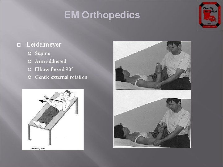 EM Orthopedics Leidelmeyer Supine Arm adducted Elbow flexed 90° Gentle external rotation 